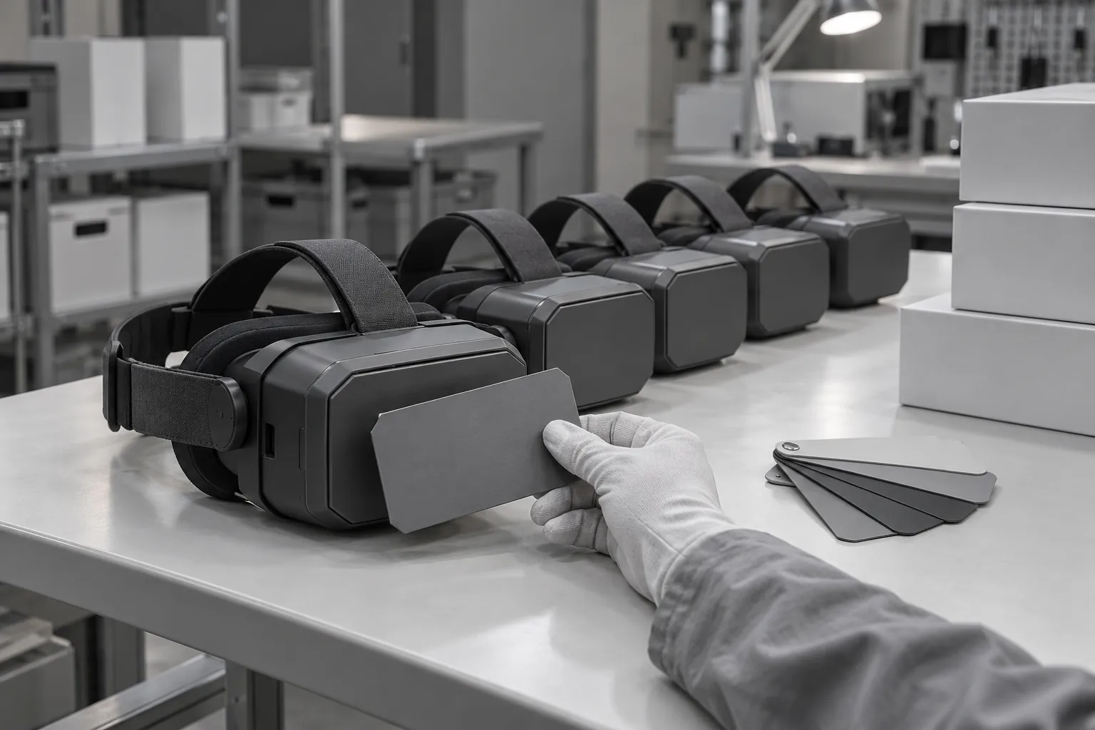 A gloved hand holding a blank plate against the front of a VR headset, with identical headsets in a row beside it.