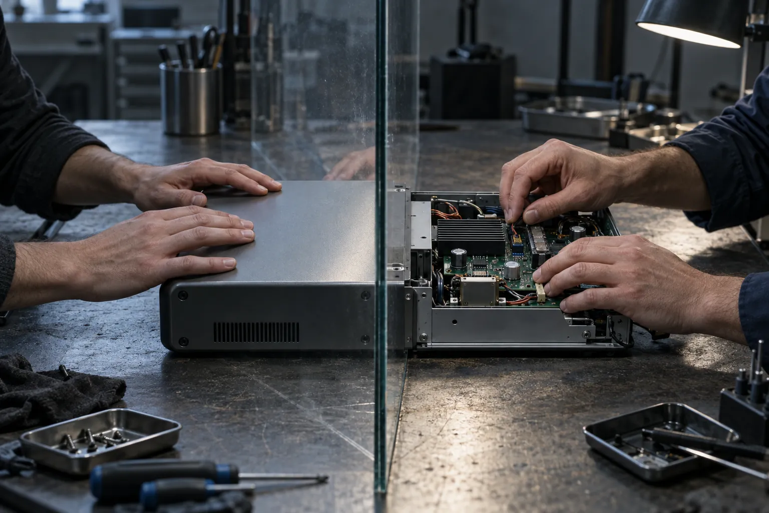 Two pairs of hands over the same device, divided by a glass pane: one on a closed shell, the other inside the open case.