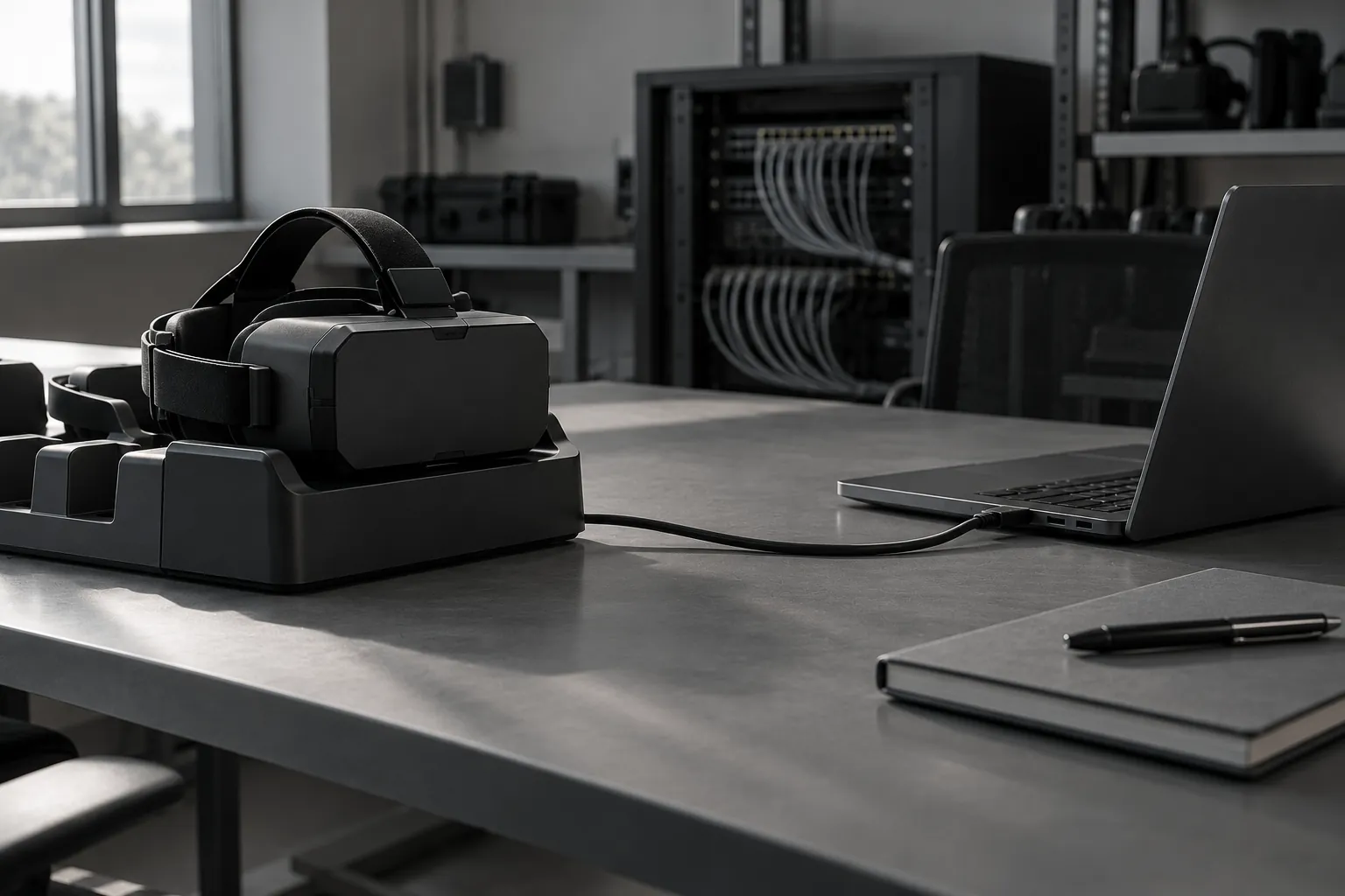 A VR headset in a sync cradle on a trainer's desk, with a network cable leading to a laptop and a patch panel behind.