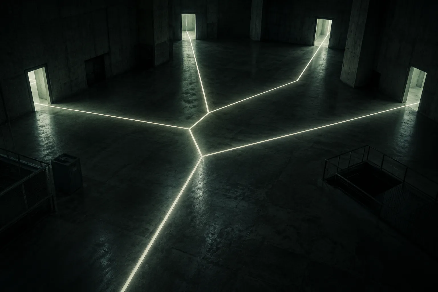 A single line of light on a dark floor splits into several paths, each leading to a glowing doorway.