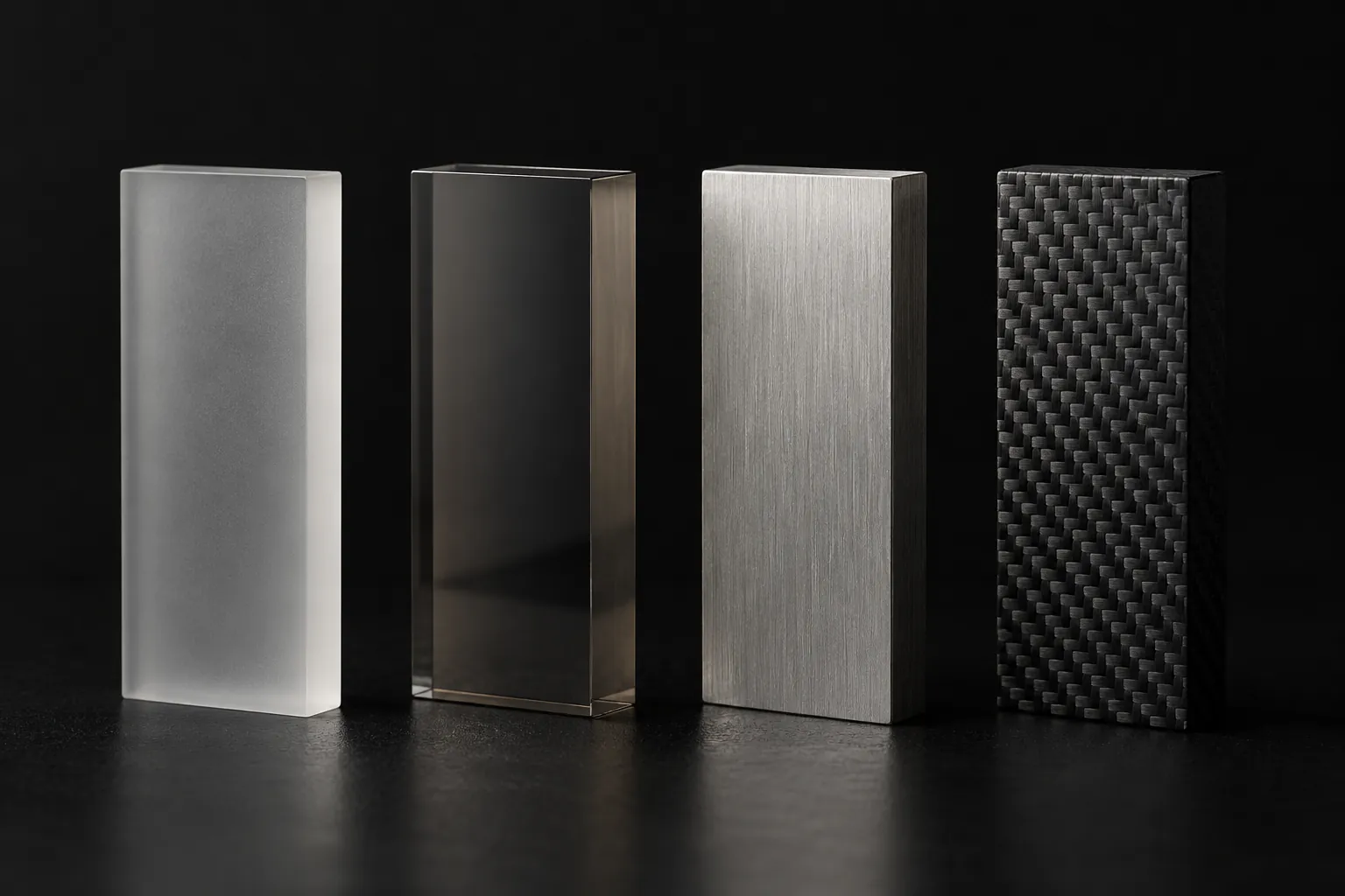 Four tall material blocks on black: frosted polycarbonate, smoky translucent plastic, brushed metal and woven carbon fibre.