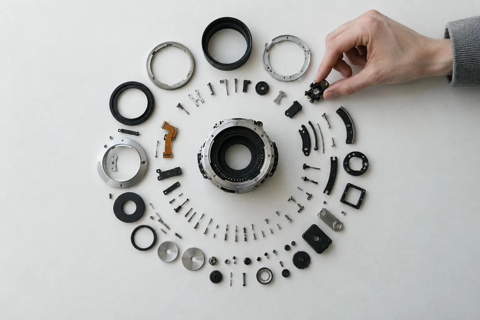 Disassembled lens parts arranged in a circle on a white table while a hand places the last small component.