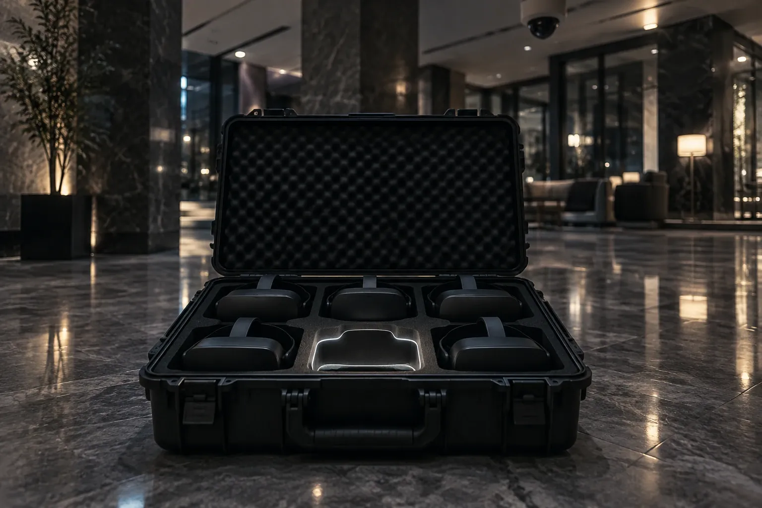 An open rugged case in a dark hotel lobby holding five black headsets and one empty slot outlined in light.