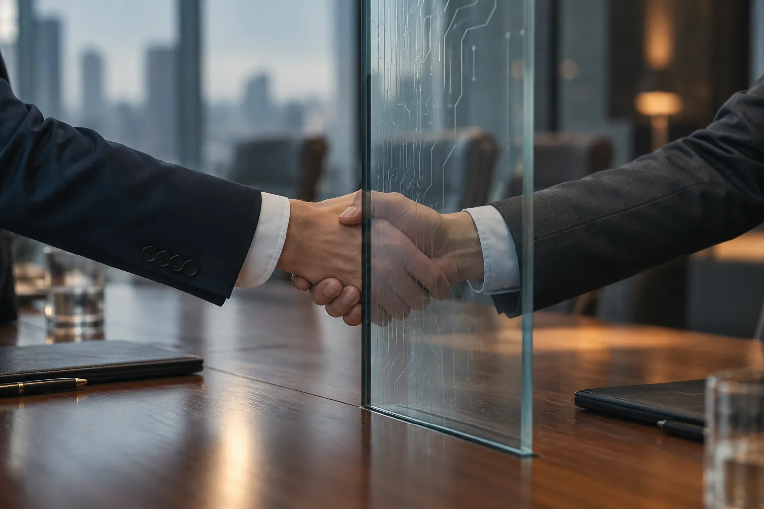 Two suited sleeves shake hands across a boardroom table with a glass pane carrying a faint circuit pattern between them.