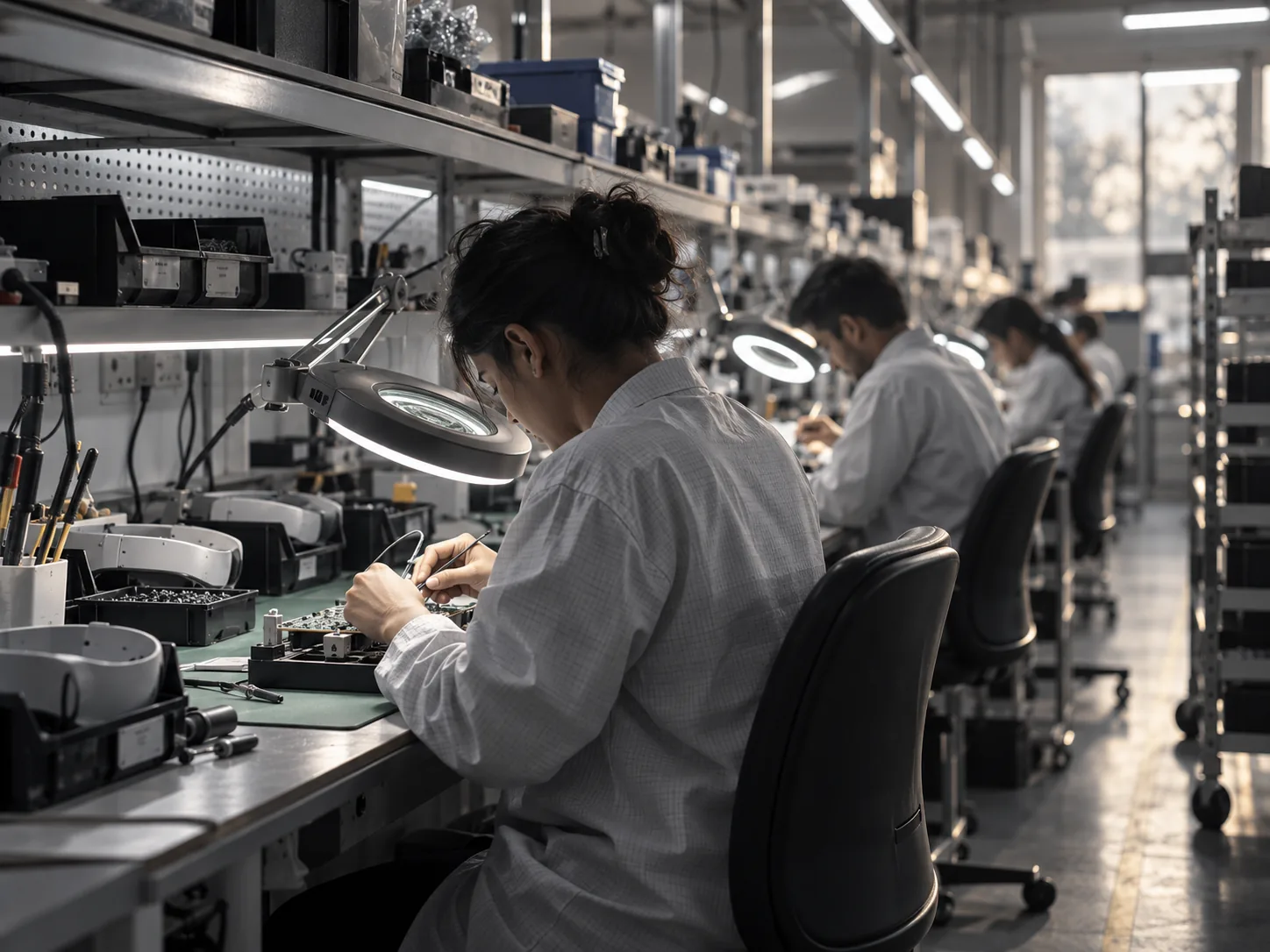 Technicians assembling headsets on the production floor