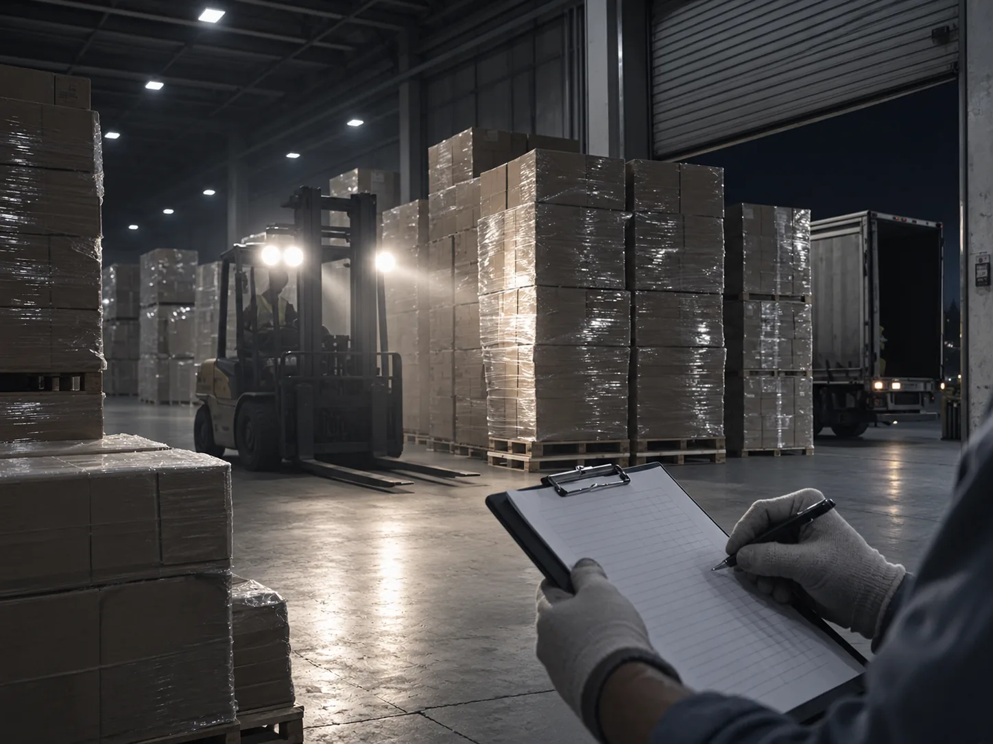 Stacked finished-goods cartons and a loading truck at night