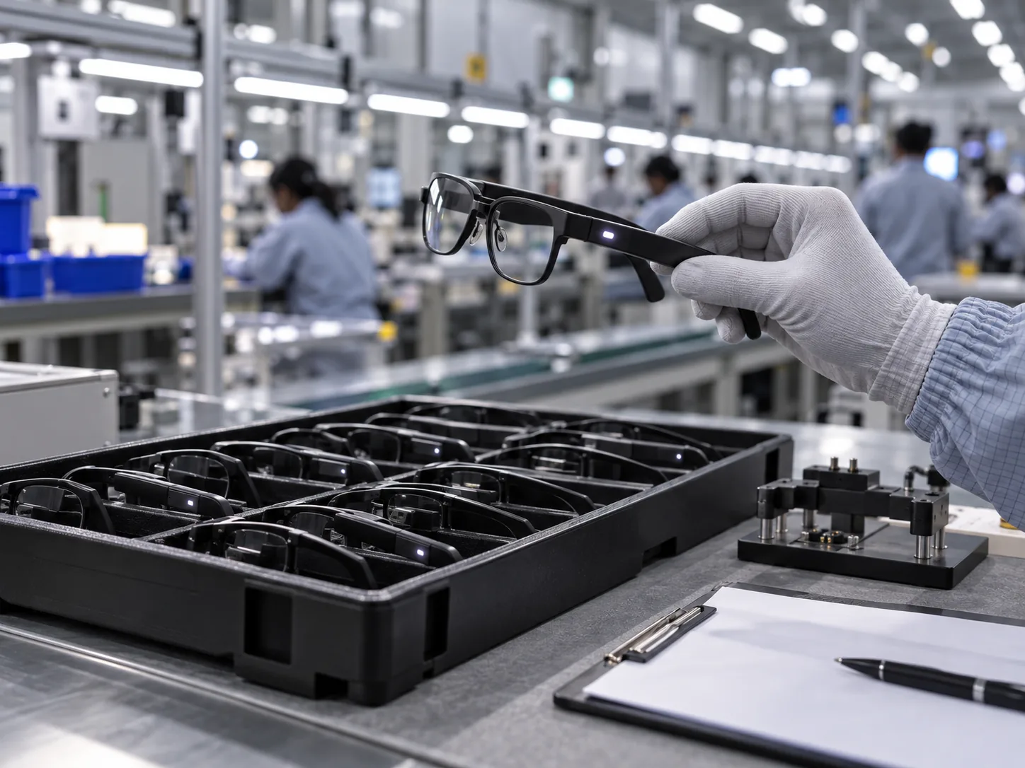 A gloved hand holding up a pair of AI glasses above a tray of finished units on an inspection line