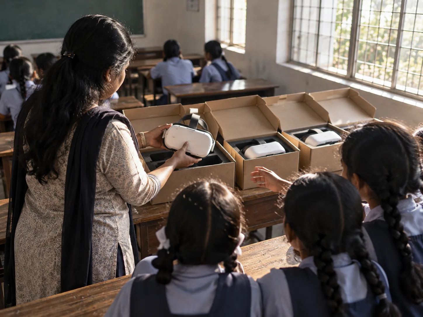 A teacher showing a VR headset from an open box to students gathered at a desk in a sunlit Indian classroom