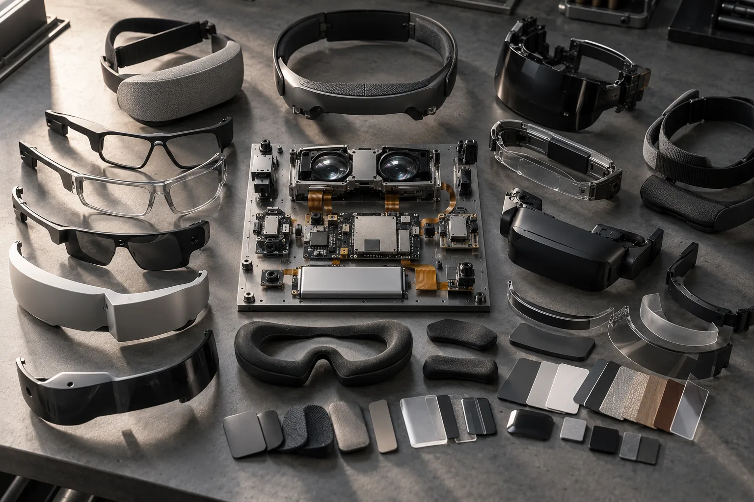 A top-down flat lay of device internals in the centre with interchangeable shells and finish samples around them