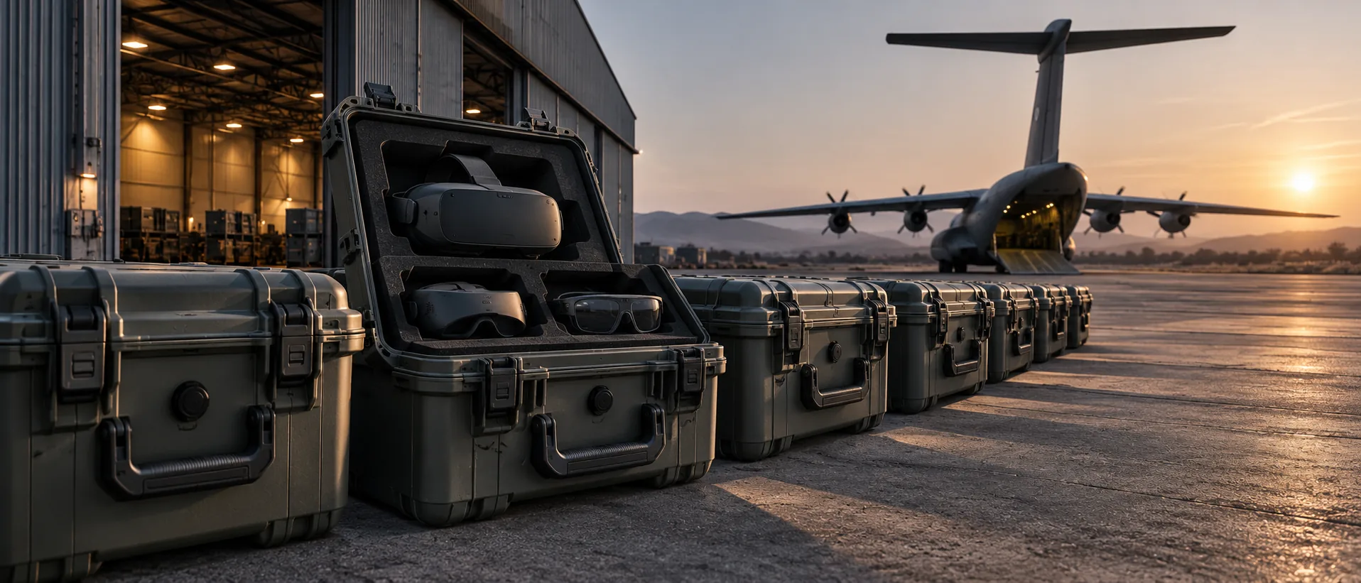 Rugged cases with headsets on a tarmac at dusk