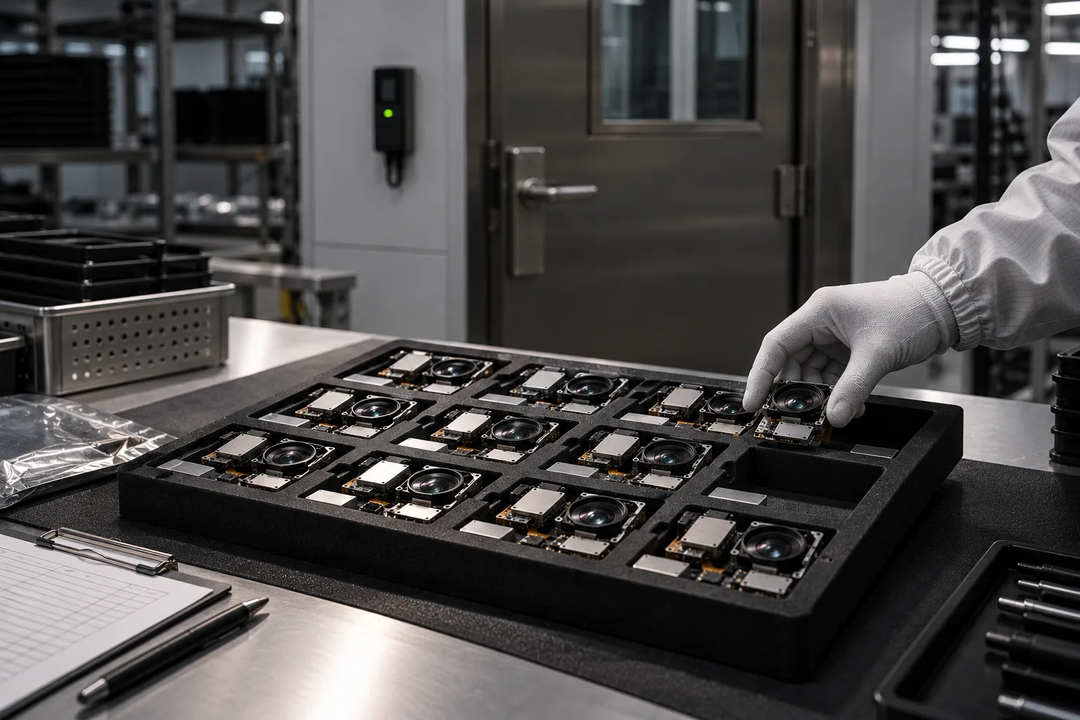 Gloved hand placing a module into a foam component tray