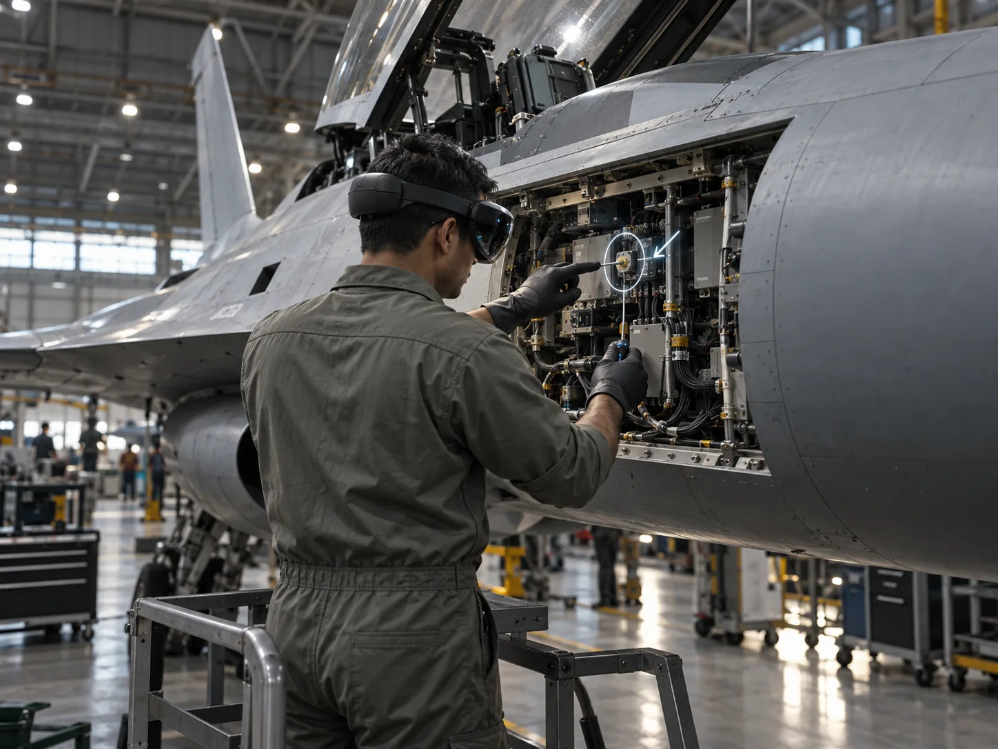 A technician in an AR headset inspecting jet avionics in a maintenance hangar, with a guidance marker on the panel