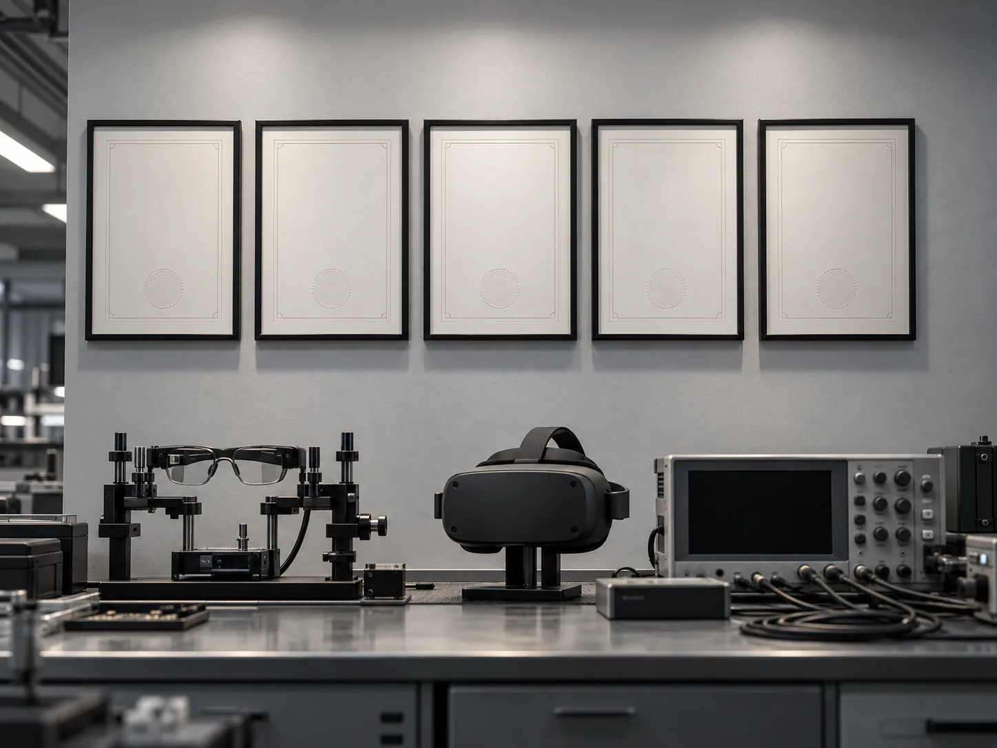 Row of certificate frames above a test bench