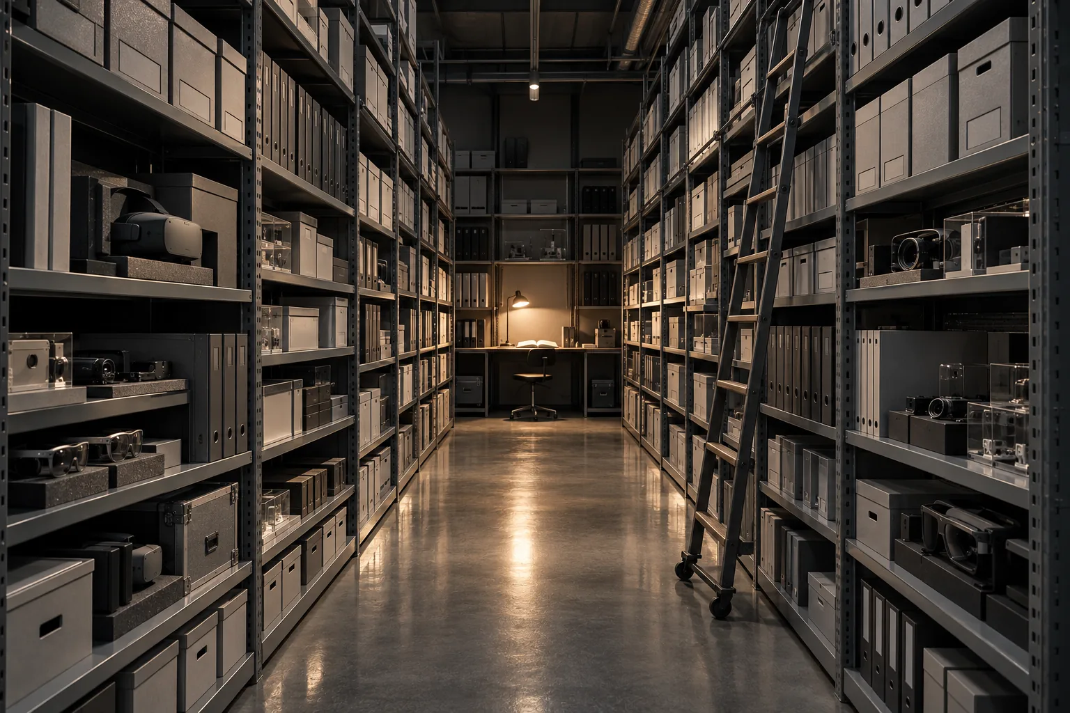 Archive aisle of steel shelves with boxed hardware