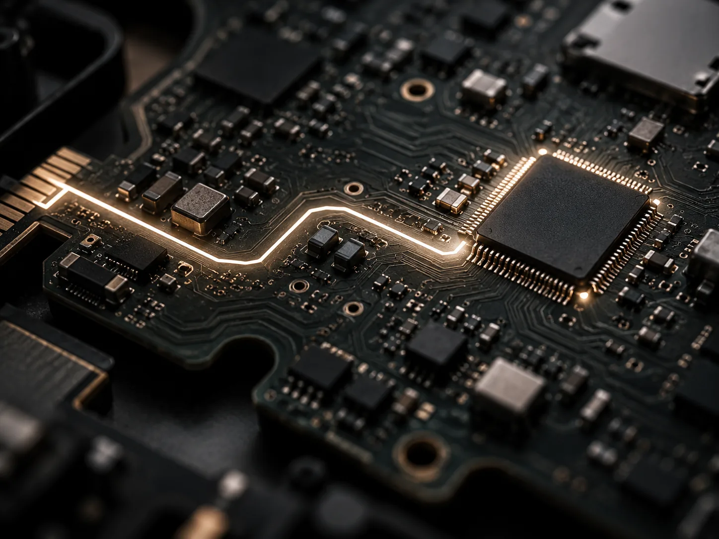 Circuit board macro with one glowing trace