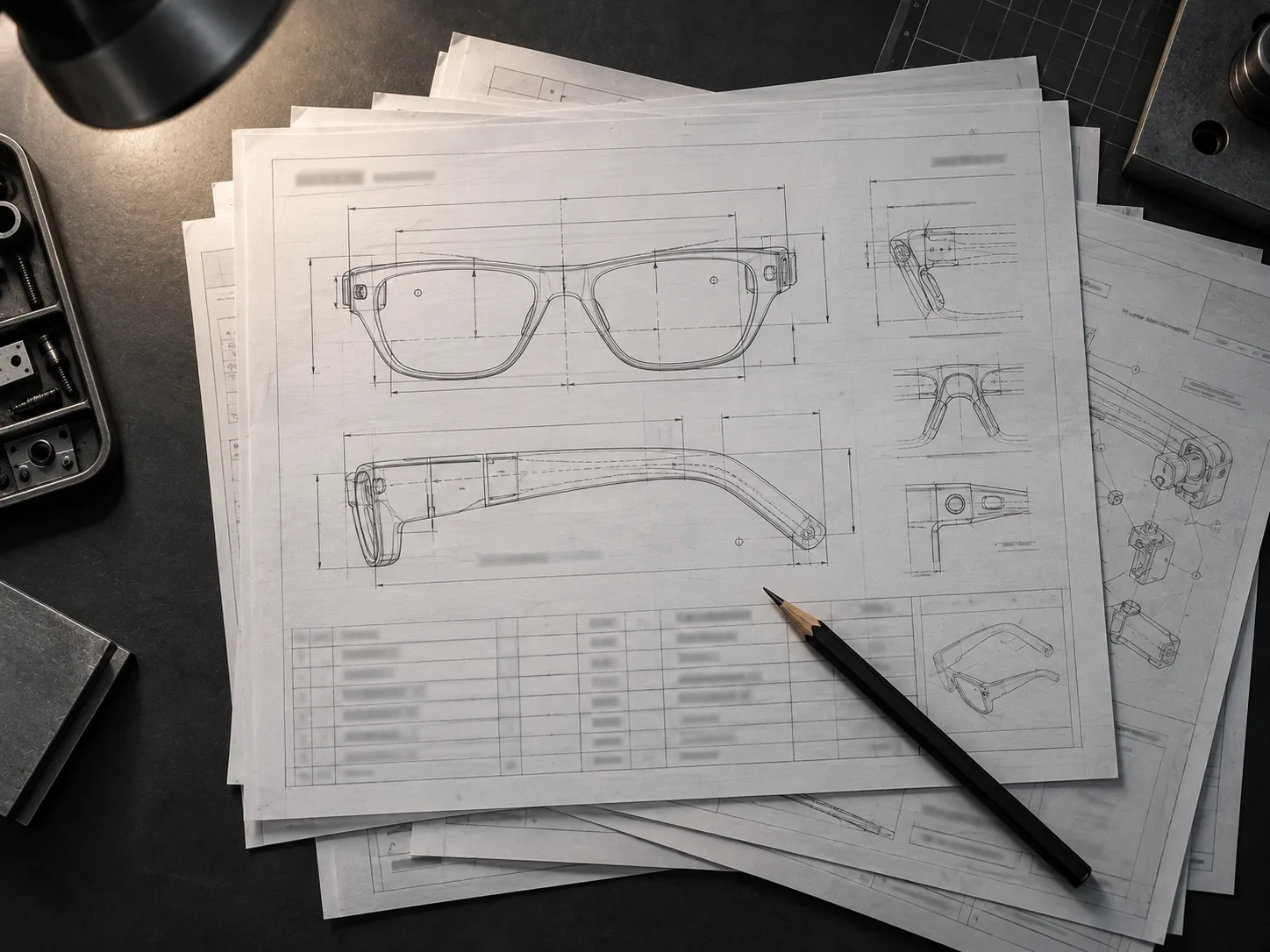 Stack of technical datasheets with a pencil