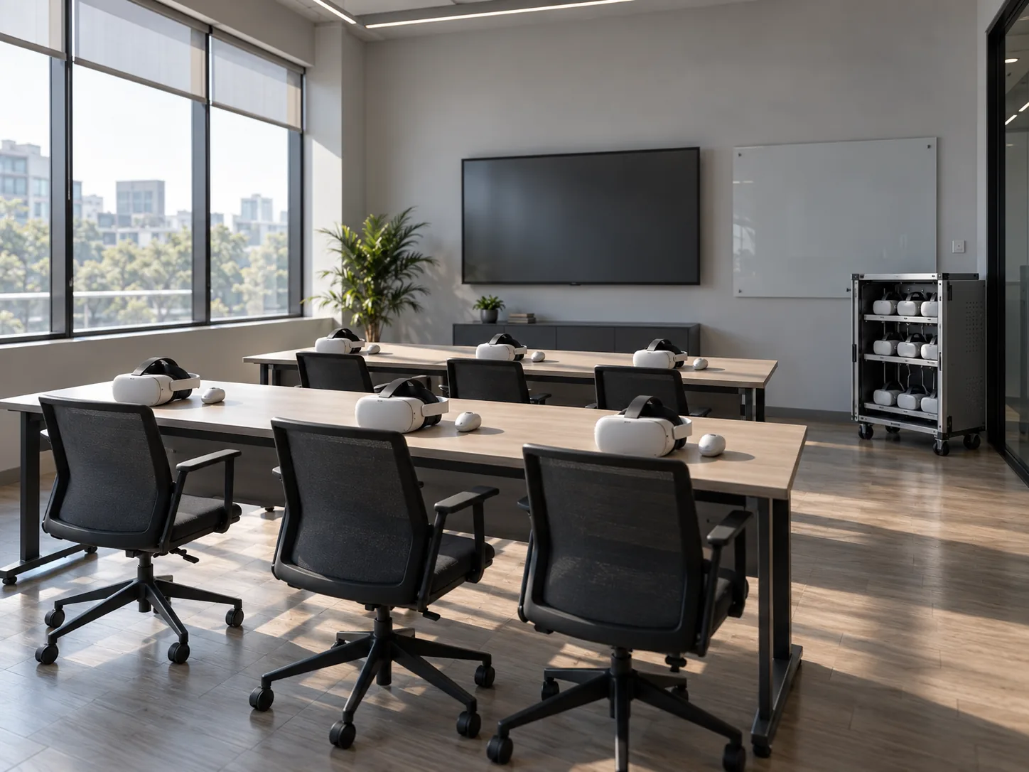 A small training room with six desks and a headset on each