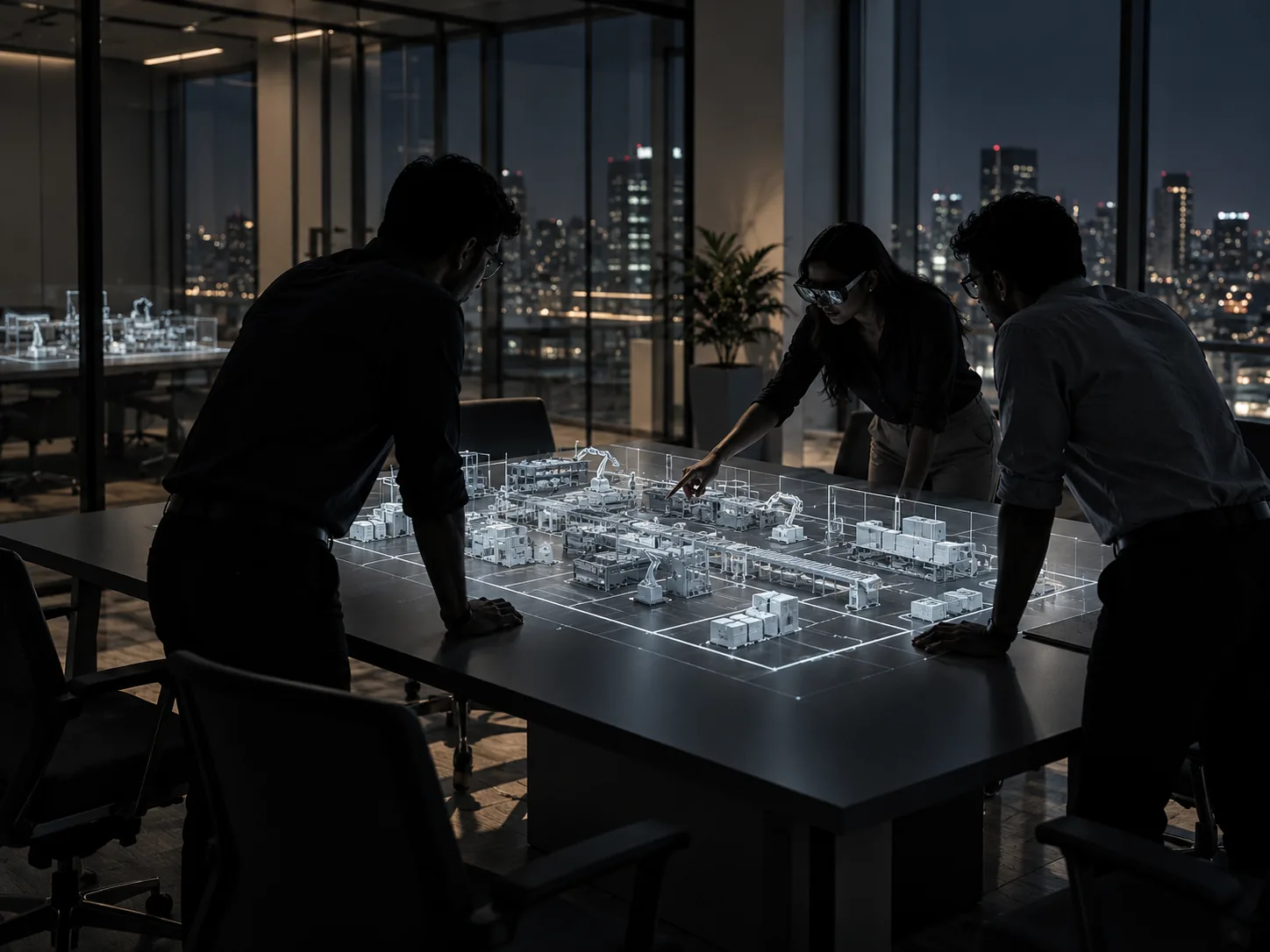 Colleagues around a glowing digital twin of a factory