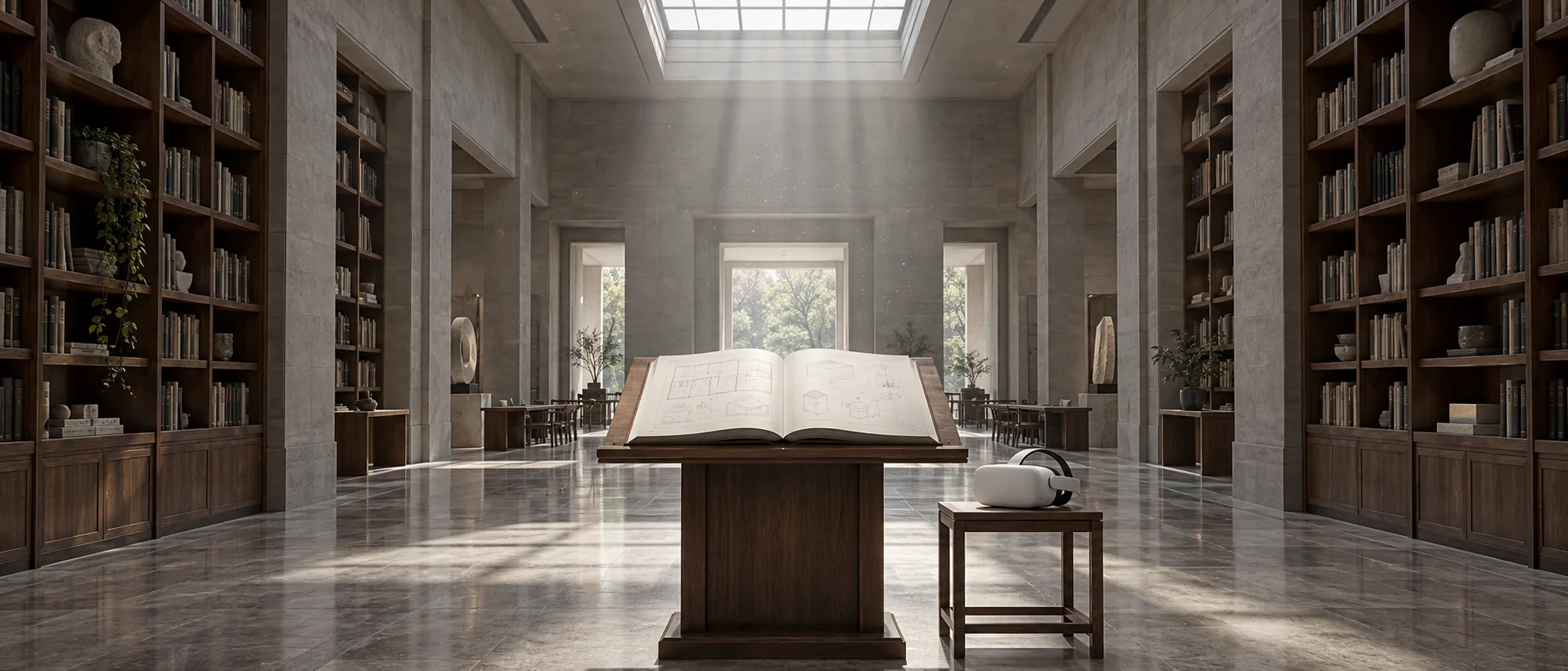 An open playbook on a lectern in a reading room under a skylight