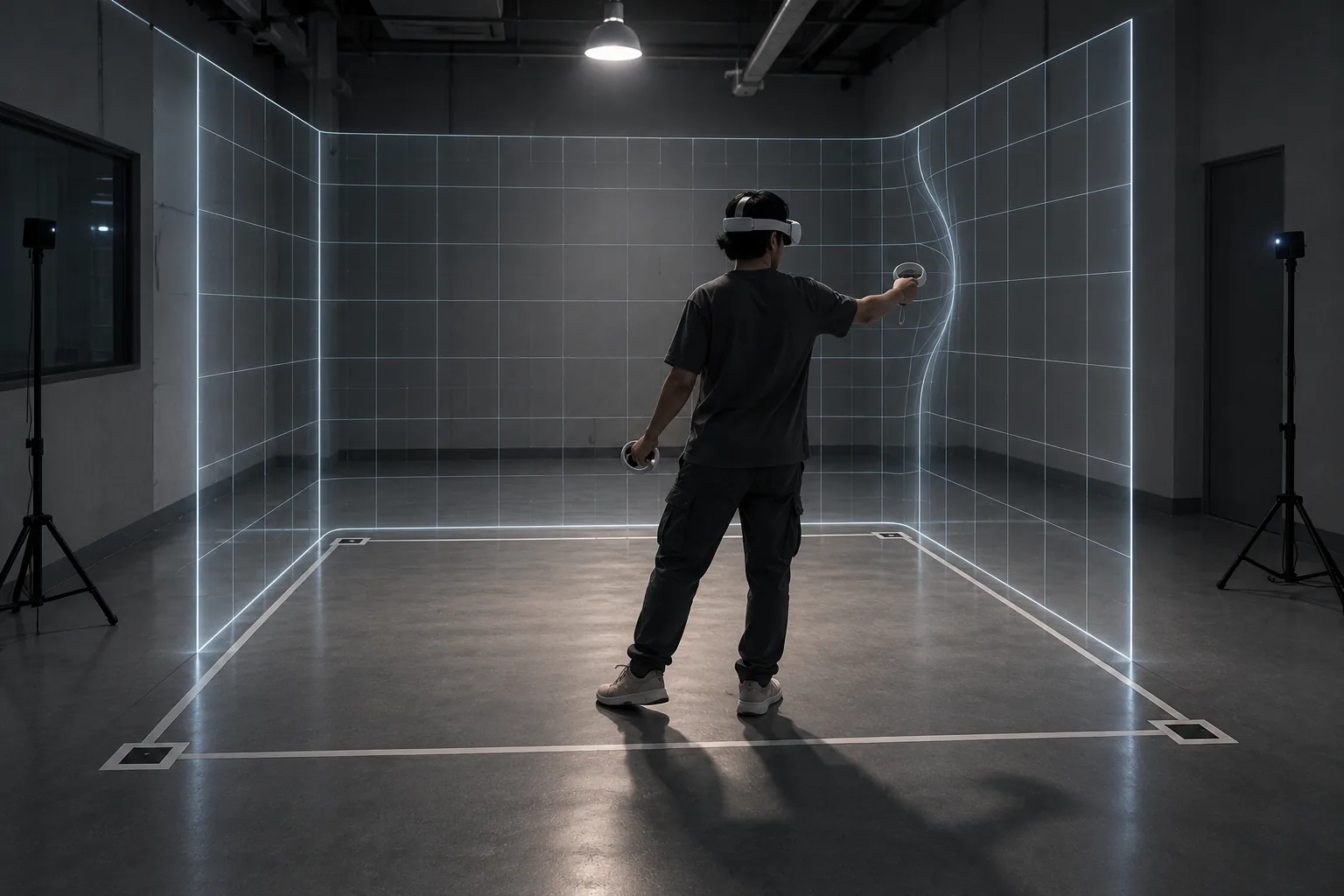 A person in a VR headset reaching into a glowing grid that marks out a tracked play space