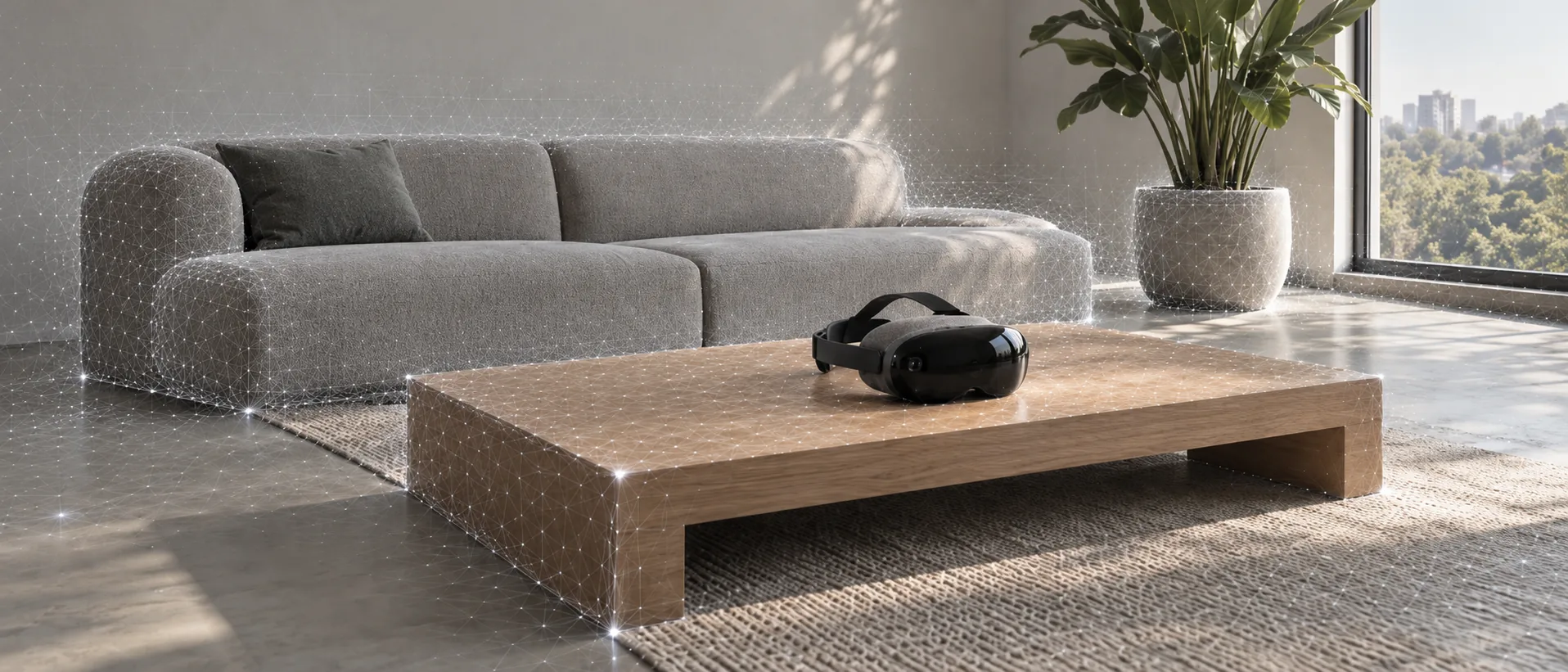 A headset on a coffee table in a living room, with a glowing mesh mapping the sofa, floor and table
