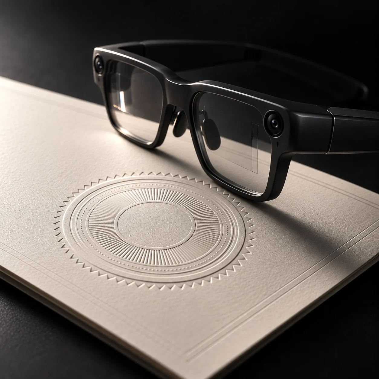 Smart glasses resting on an embossed certificate