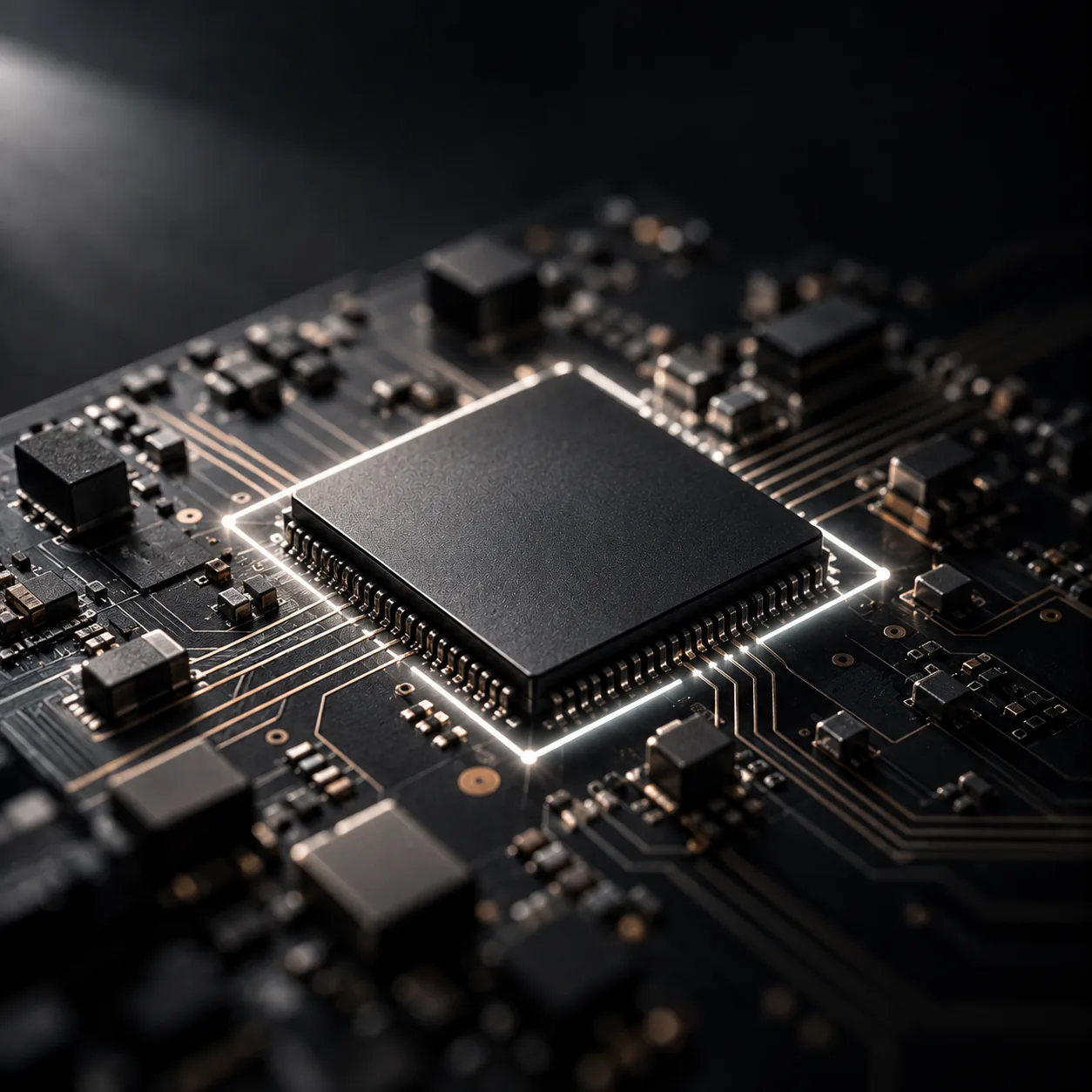 A processor chip on a circuit board with one glowing trace