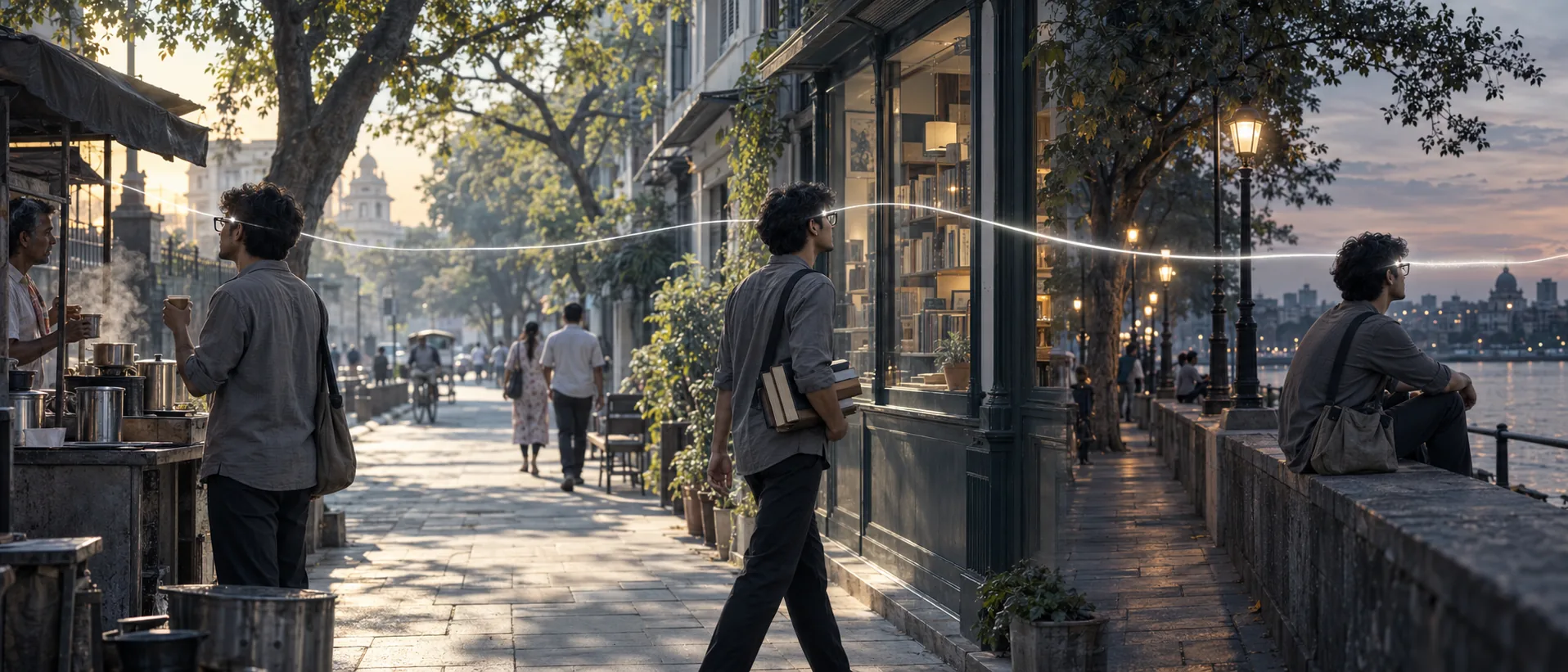 One person seen three times along a waterfront from morning to dusk, joined by a single thread of light