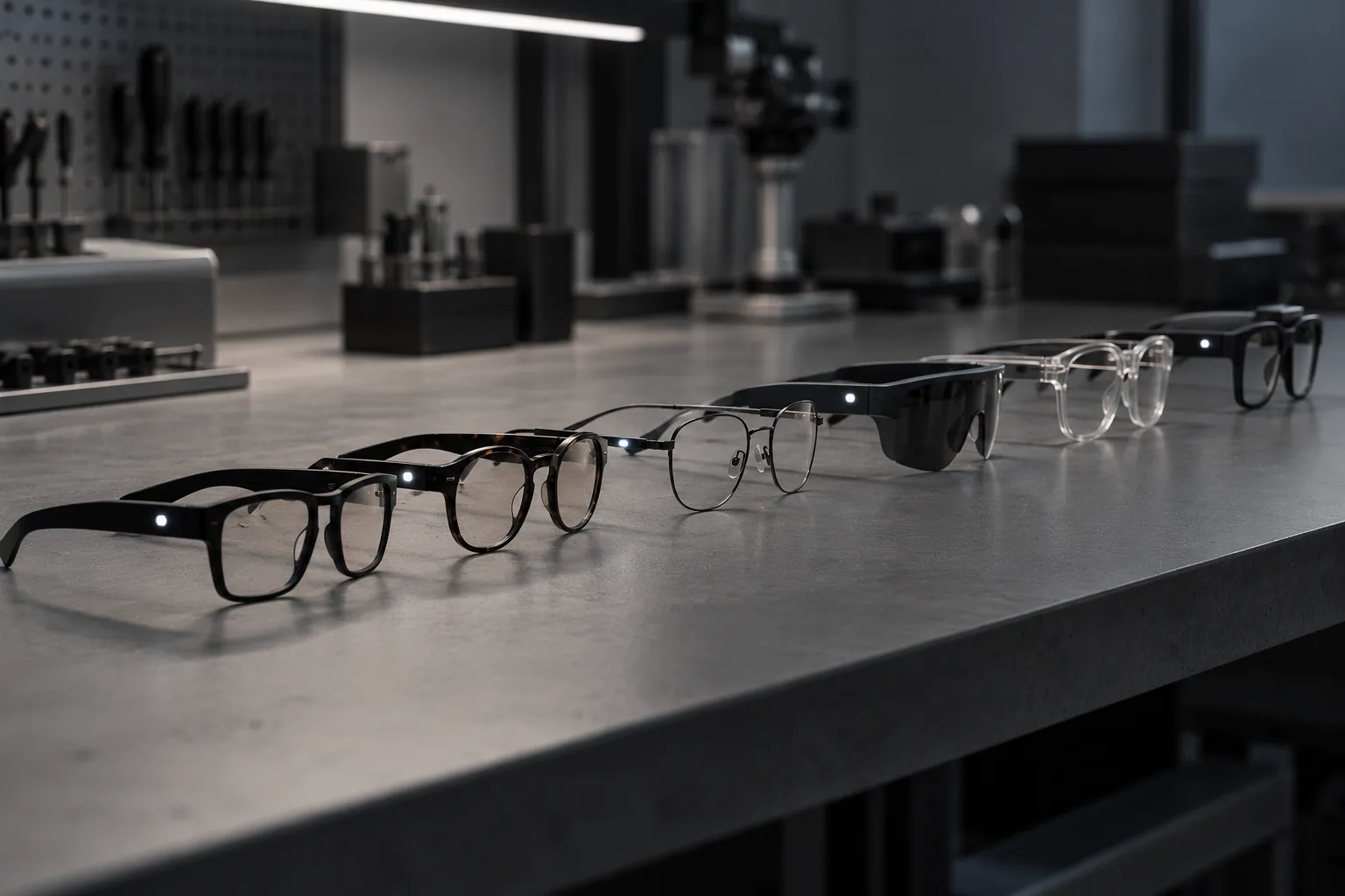 A row of smart glasses frames laid out on a workbench