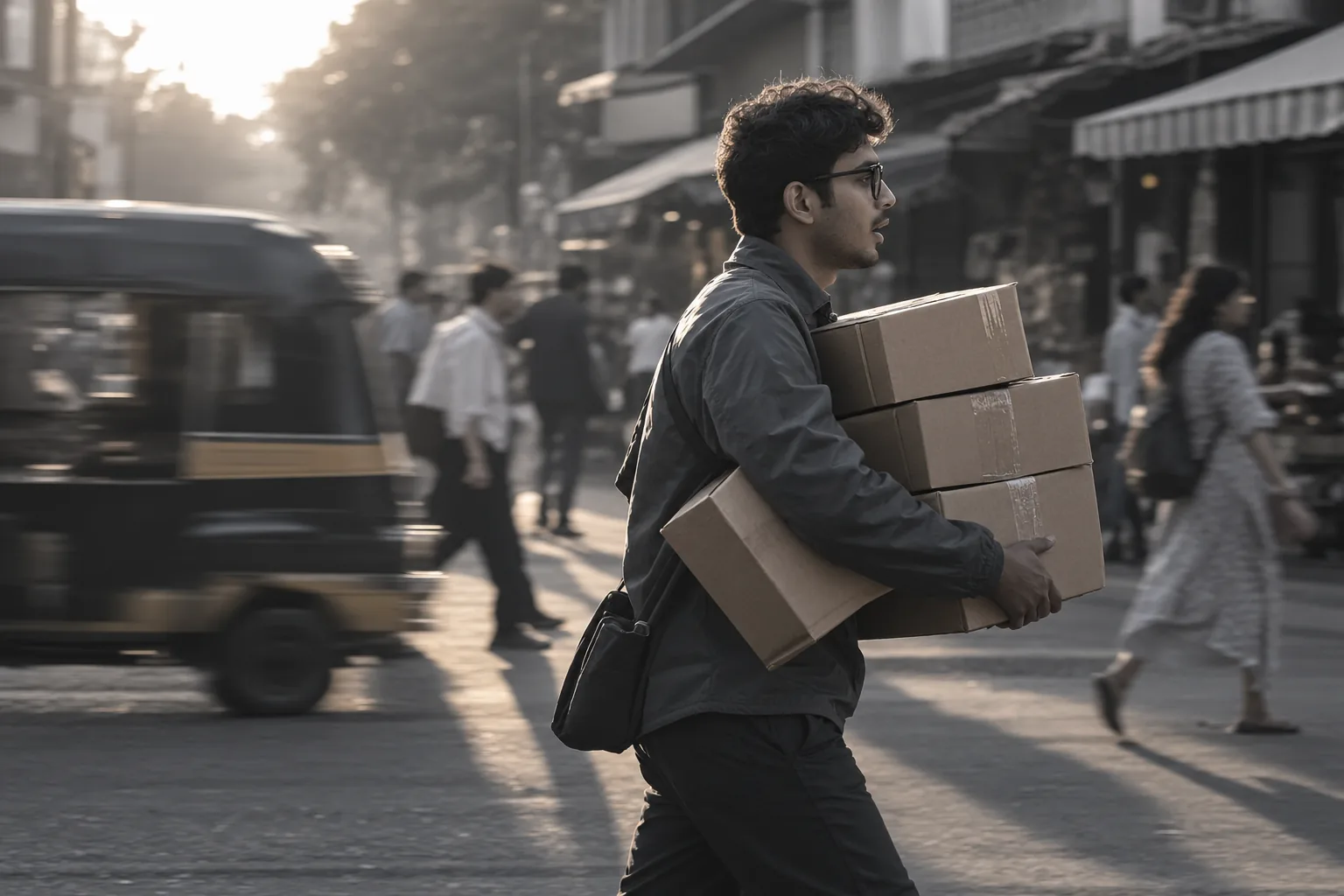 A man in glasses carrying parcels along a busy street, hands full