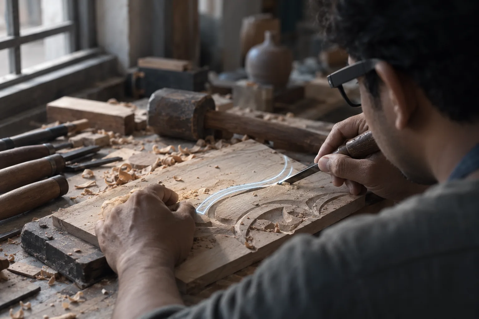 A craftsman carving wood while wearing smart glasses