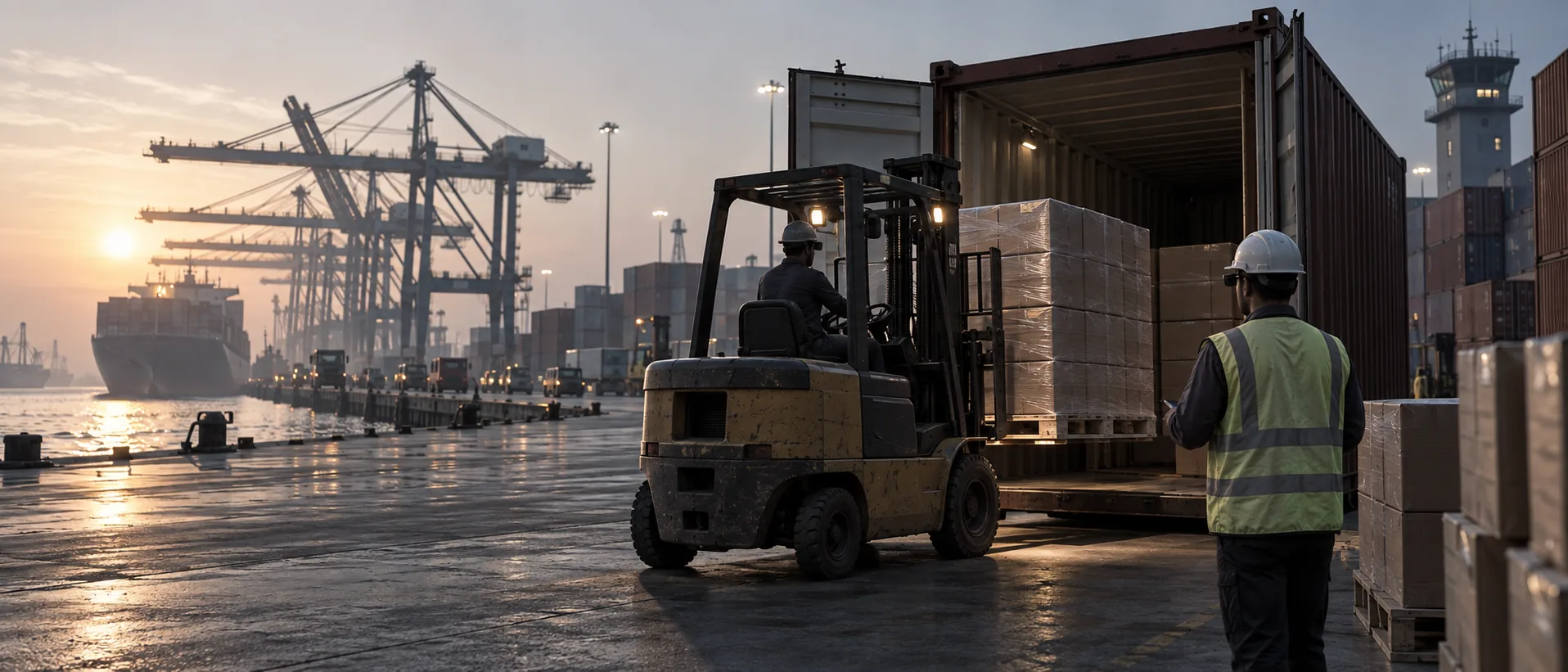 A forklift loading a shipping container at a container port at sunset