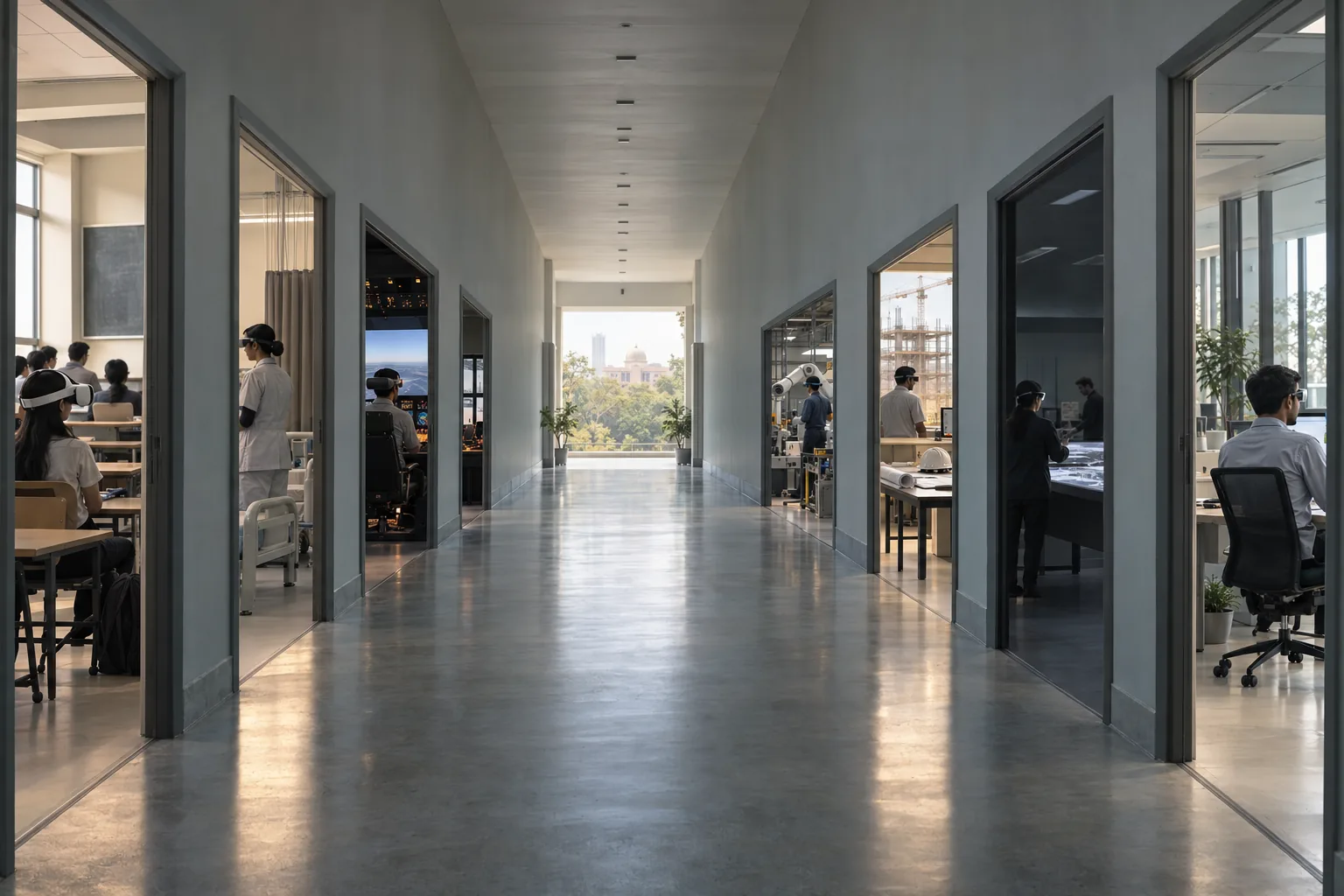 A long office corridor with glass-walled rooms, people in headsets working inside several of them