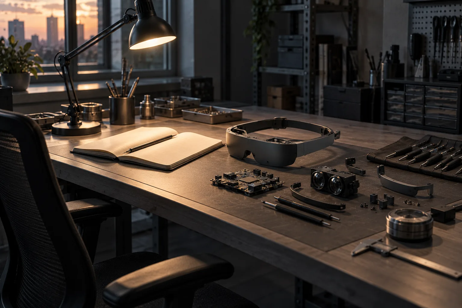 A workbench with a headset, circuit boards and tools laid out beside a notebook