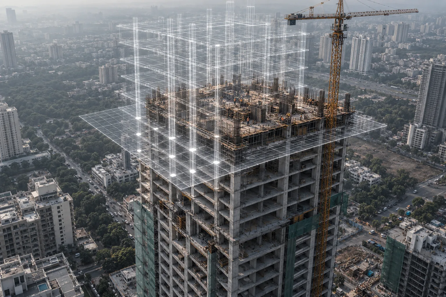 A glowing wireframe overlay on a tower under construction, seen from above