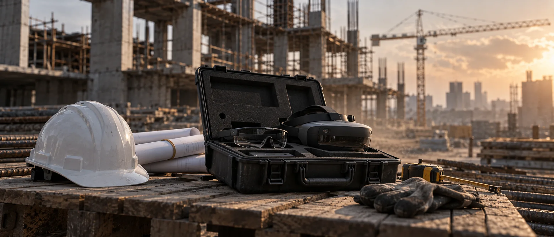 A hard hat, rolled plans, work gloves and a rugged case holding a headset on a timber pallet at a building site