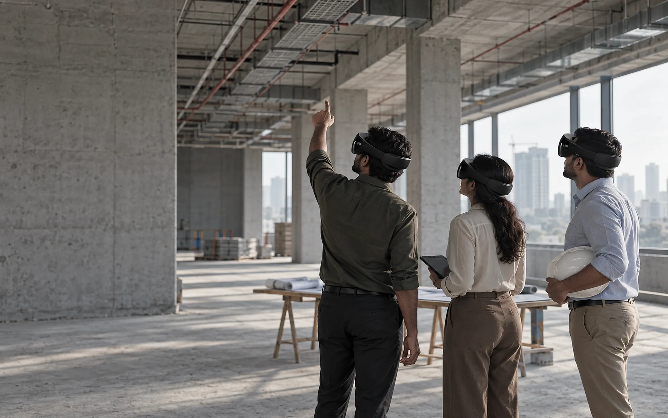 Three people in headsets on an unfinished concrete floor of a building, one pointing at the ceiling