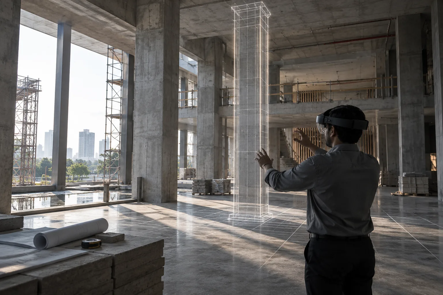A person in a headset reaching toward a wireframe column inside a concrete building shell
