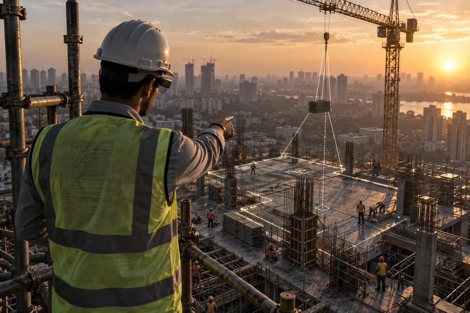 A site supervisor in a safety vest and headset pointing at a crane lift over a city skyline at sunset