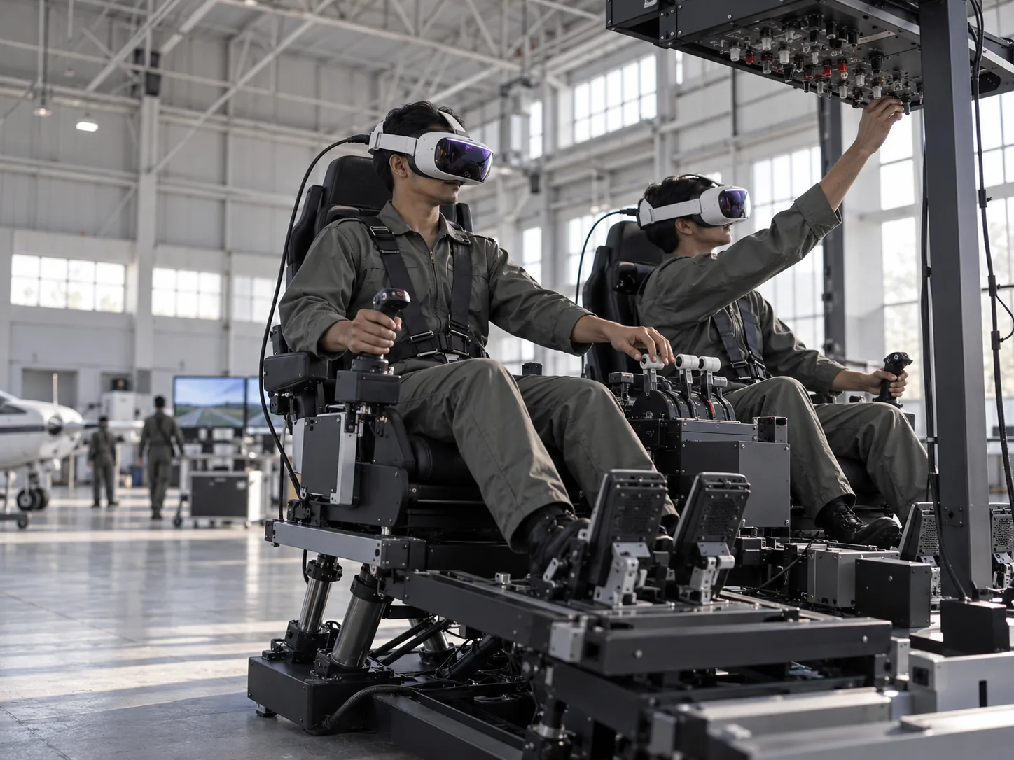 Two pilots in VR headsets seated in a dual flight simulator inside a hangar