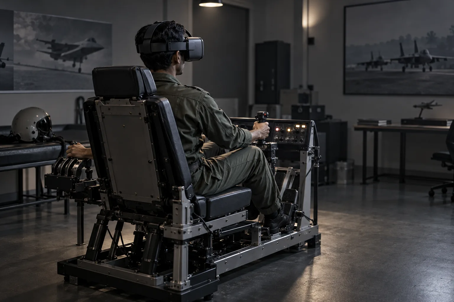 A pilot in a flight suit and headset seated in a simulator cockpit frame
