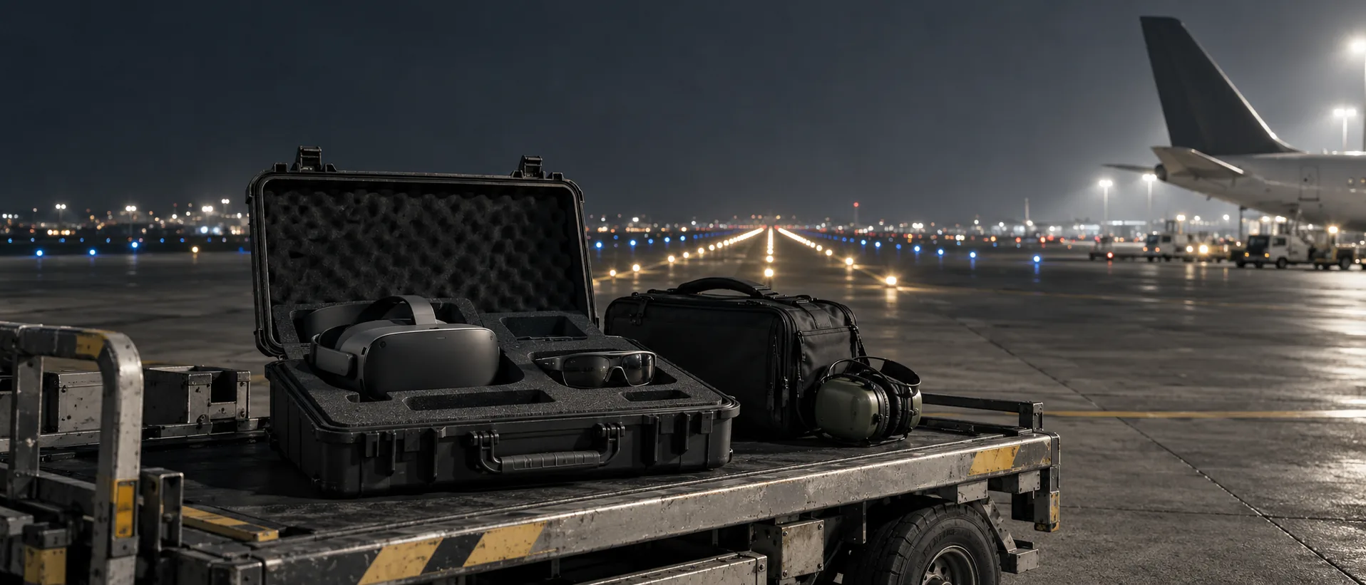 An open headset case on a ground trolley beside a runway at night