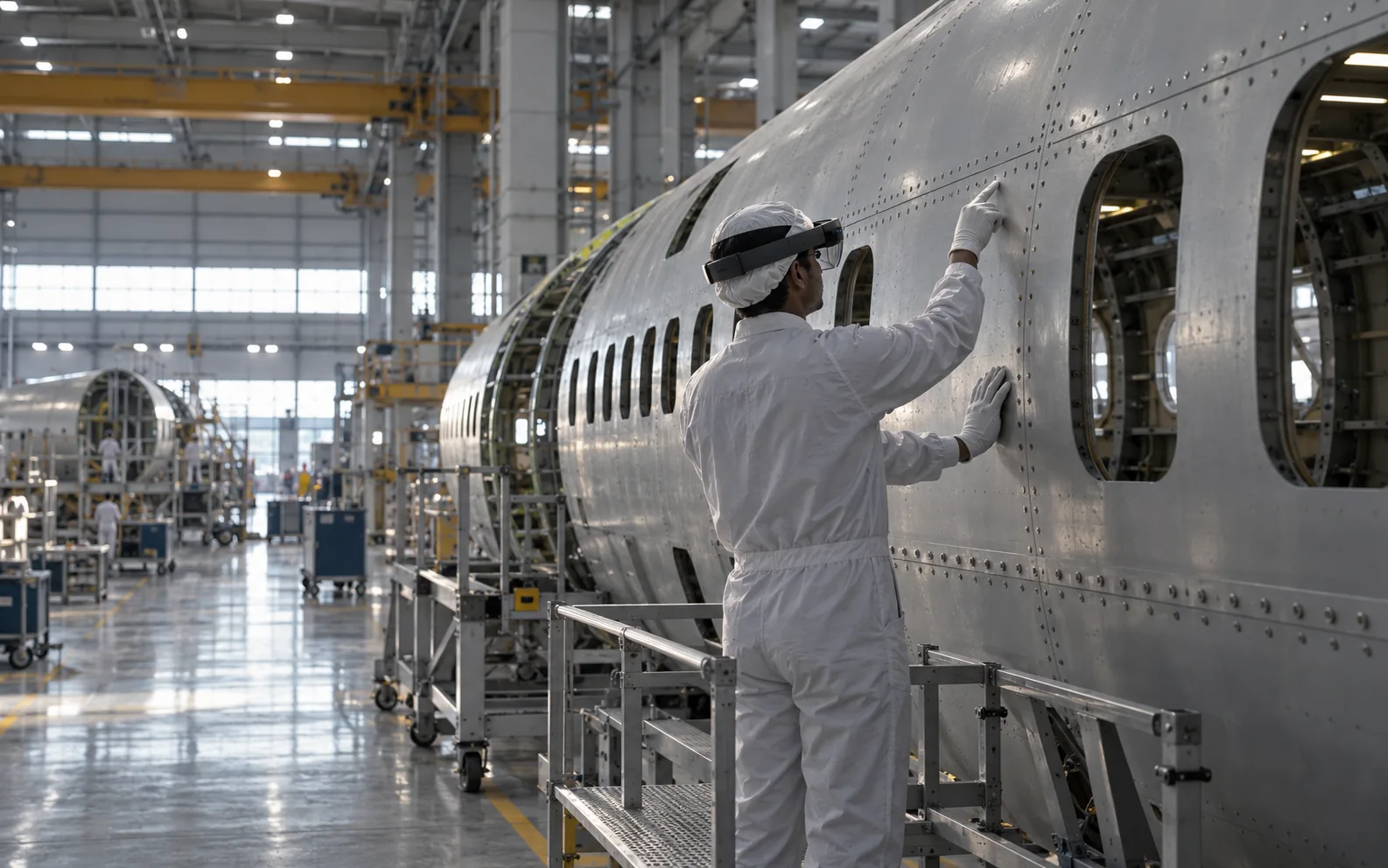 A technician in white overalls and AR glasses inspecting a large aircraft fuselage