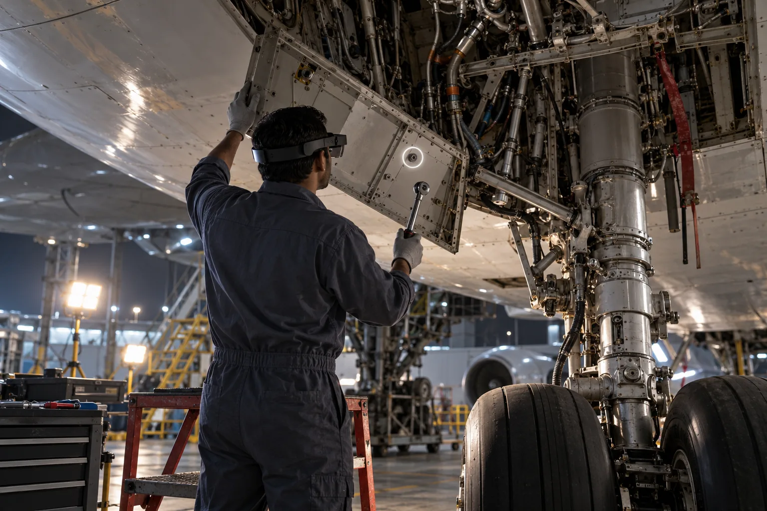 A maintenance engineer in AR glasses working on an aircraft landing gear bay