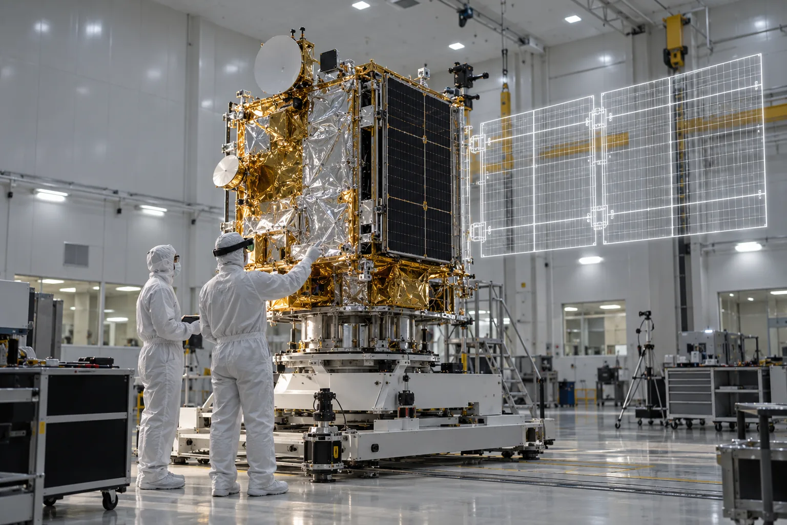 Two technicians in clean-room suits beside a gold-foil satellite with a wireframe overlay