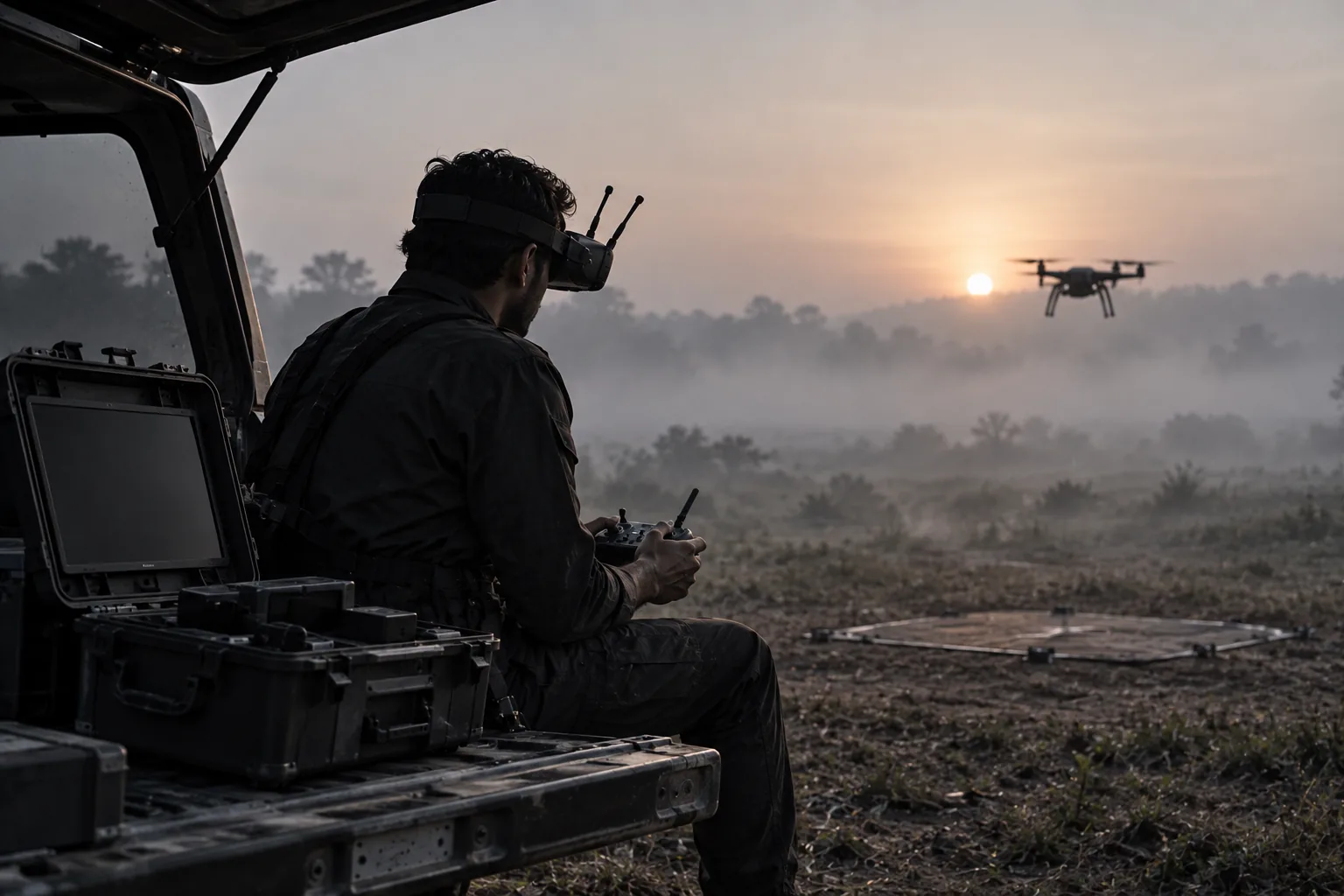 A pilot in FPV goggles on a vehicle tailgate as a drone lifts off into fog