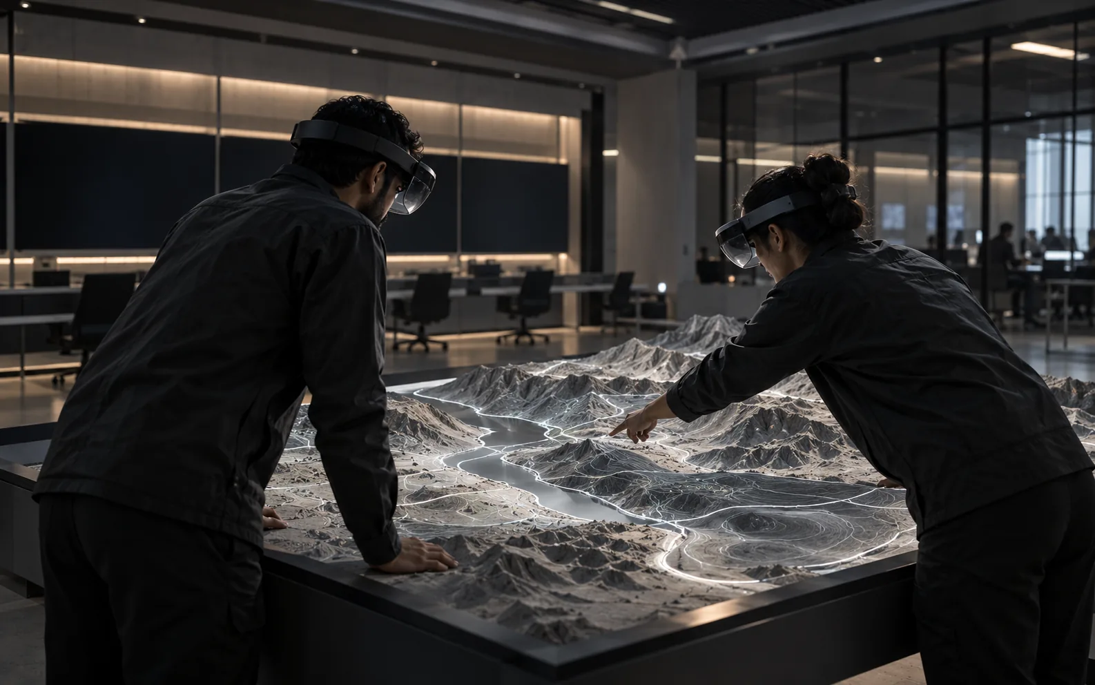 Two people in AR headsets leaning over a relief map of mountainous terrain