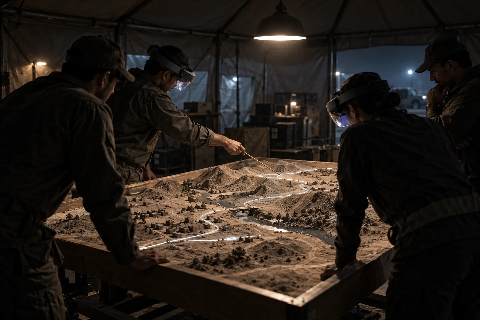 Operators in headsets around a terrain table, rehearsing a mission