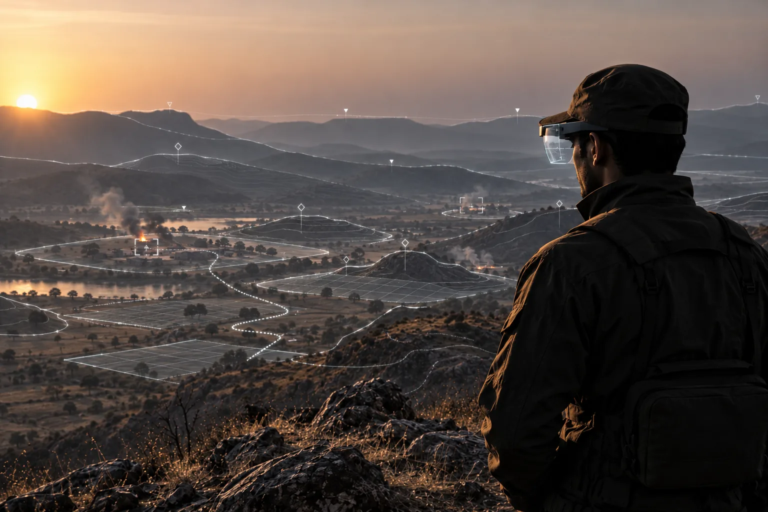 A soldier in a headset looking over a valley with route and position markers overlaid
