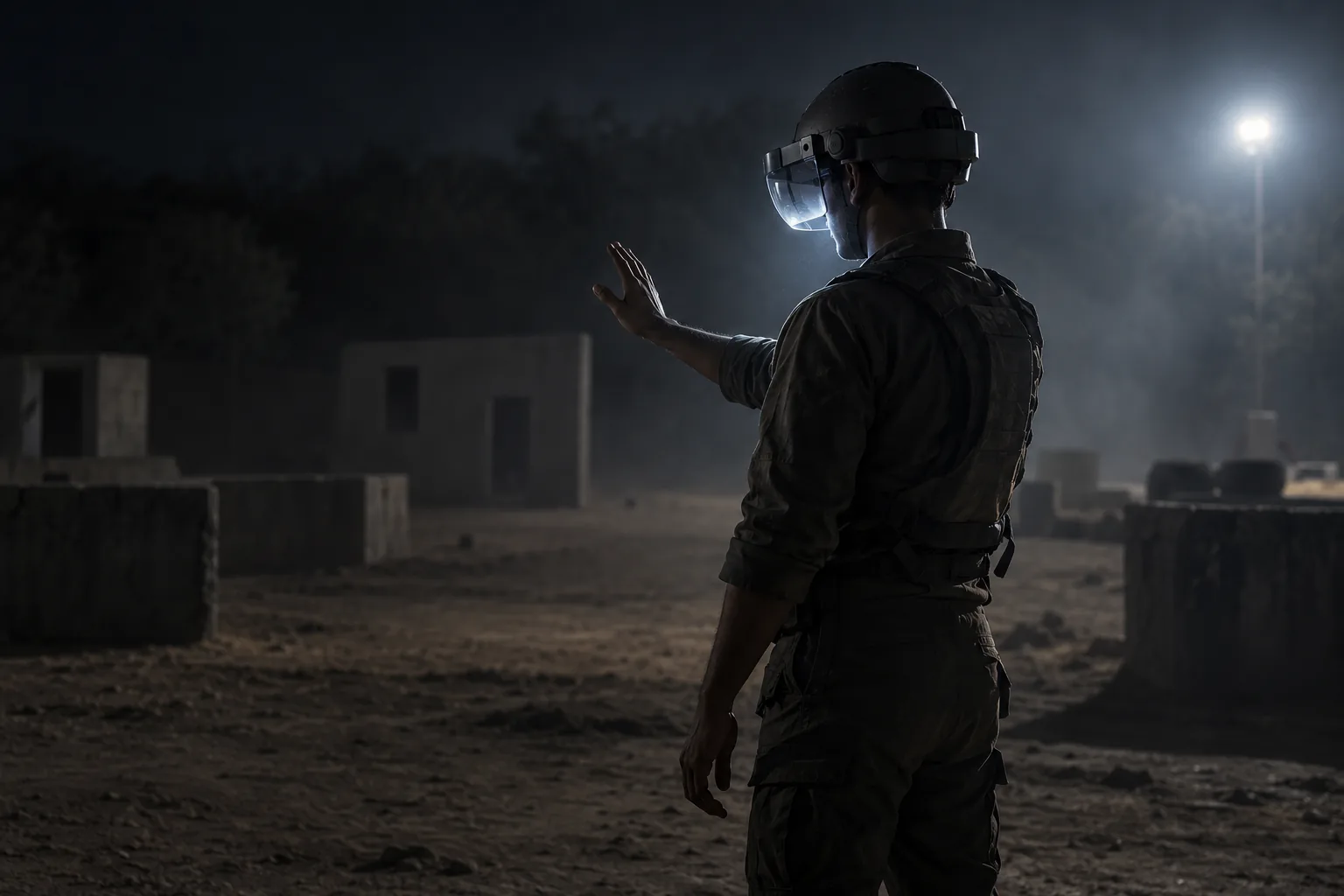 A trainee in a headset at a night training ground, the visor glowing in the dust